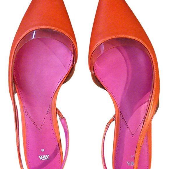 Zara Orange & Pink Pointed Toe Womens Slingback Flats Size 38 - Picture 3 of 8